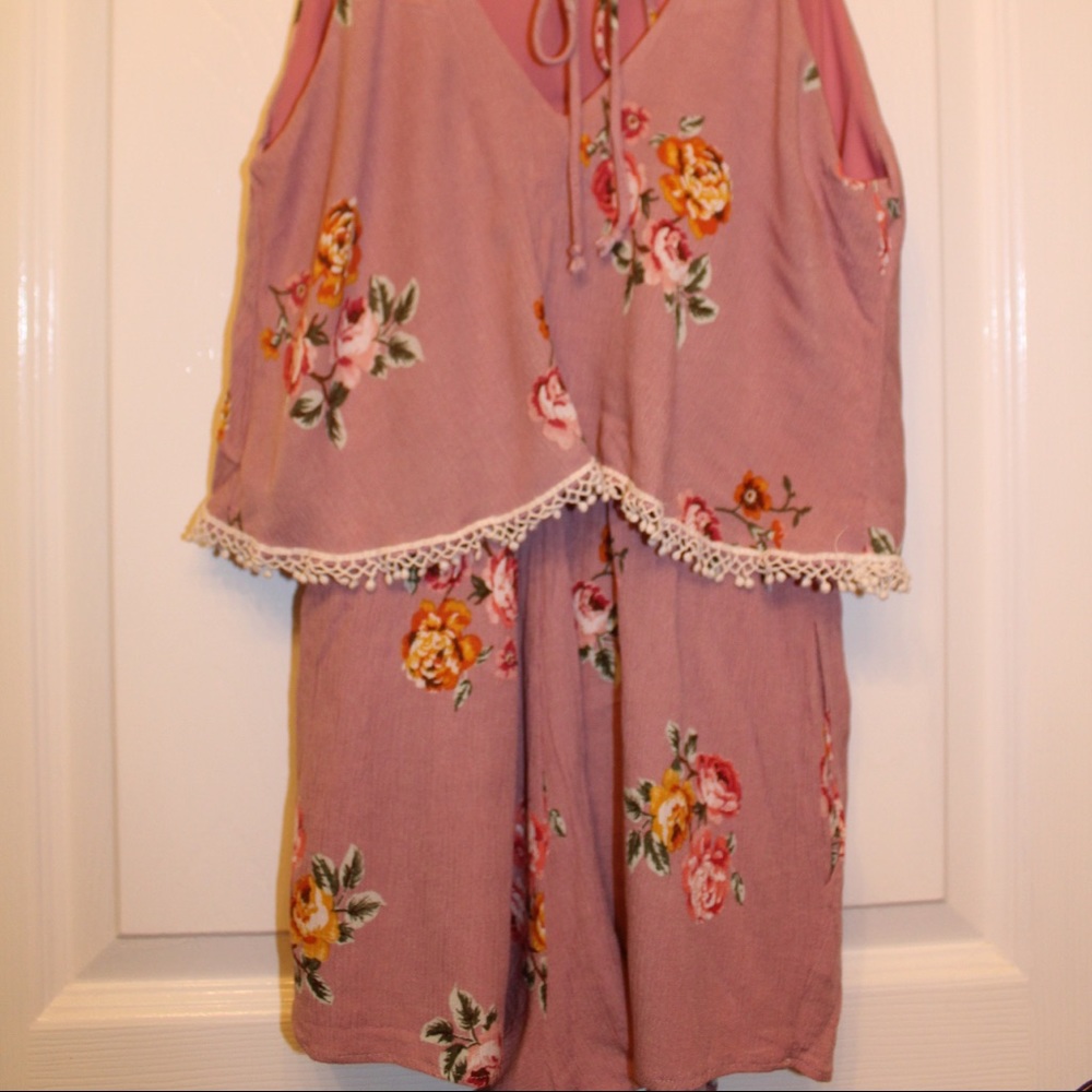 Pink Floral Spaghetti Strap Short Romper